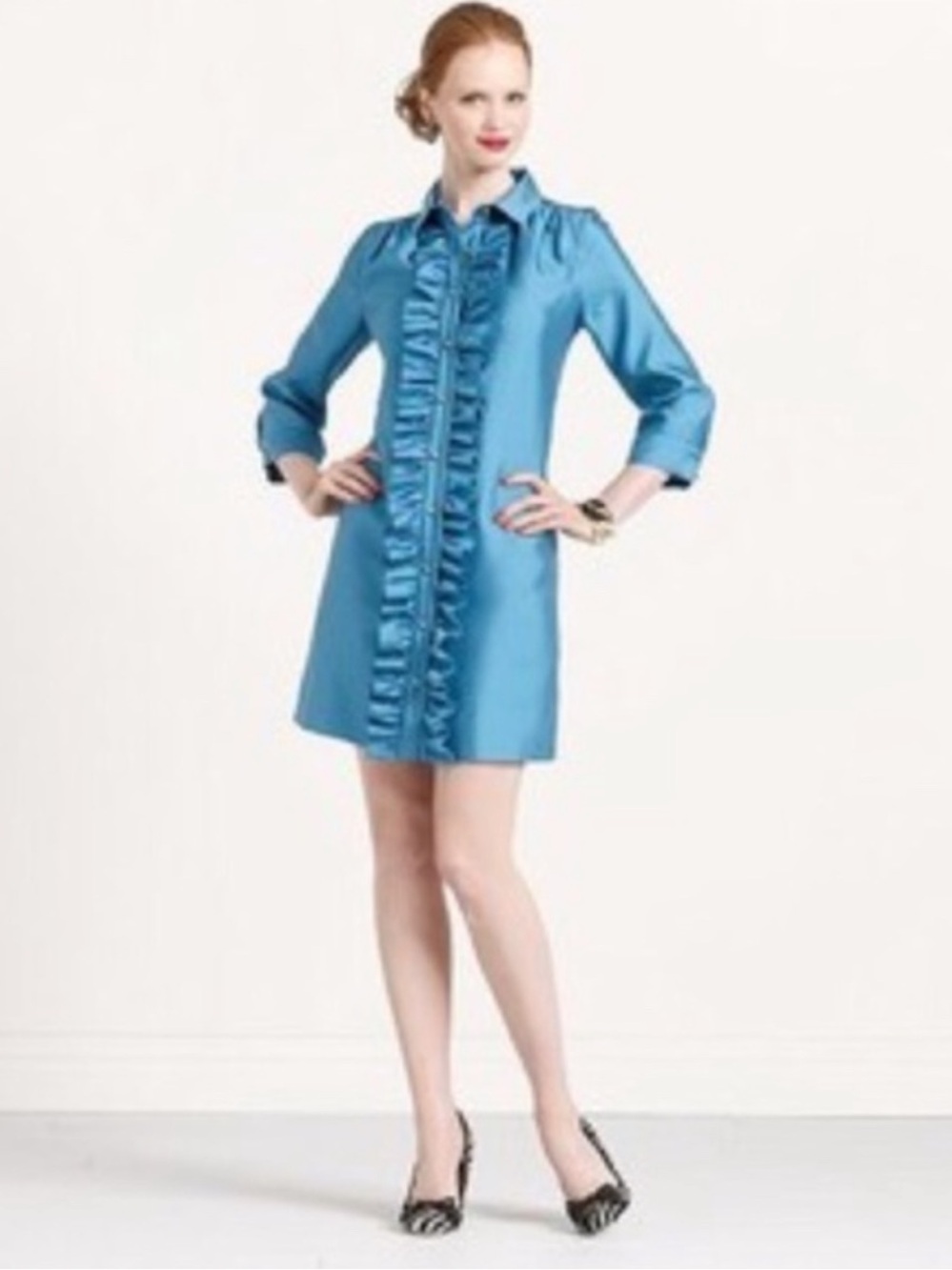 kate spade bethanne Teal Ruffle-Front Silk shirt dress gold buttons women Small